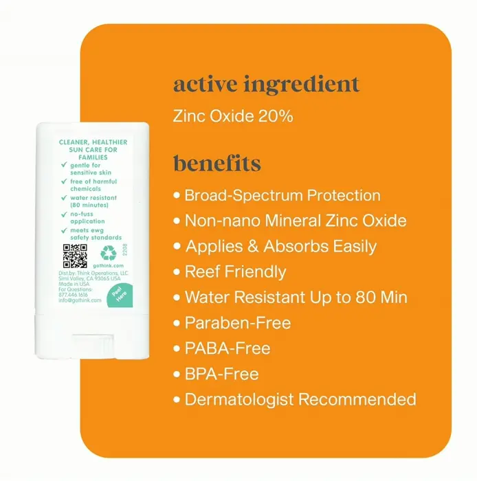 Thinkfreely Kids SPF 30 Mineral Sun Block Stick, 0.64 Oz, Waterproof Coral Safe