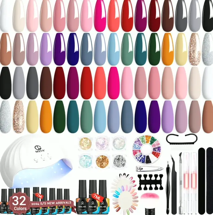 MEFA 56-Piece Gel Nail Polish Kit with UV Lamp, 32 Colors, Matte and Glossy Top Coat, Nail Art Decorations