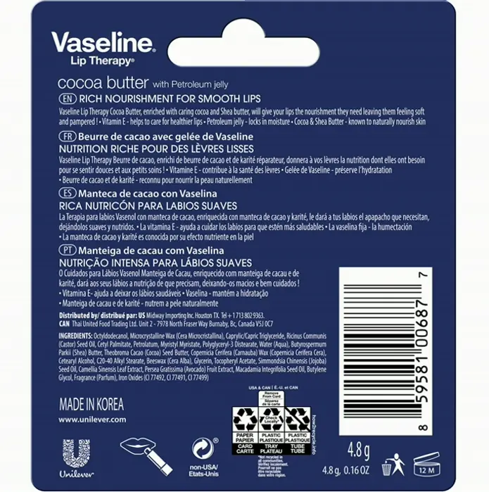 Vaseline Lips Therapy Cocoa Stick, Bundle of 4, 0.16 oz